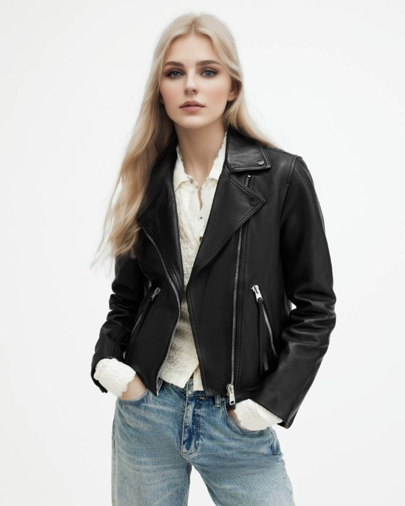 Black w. Silver Slim Fit Leather Biker Jacket