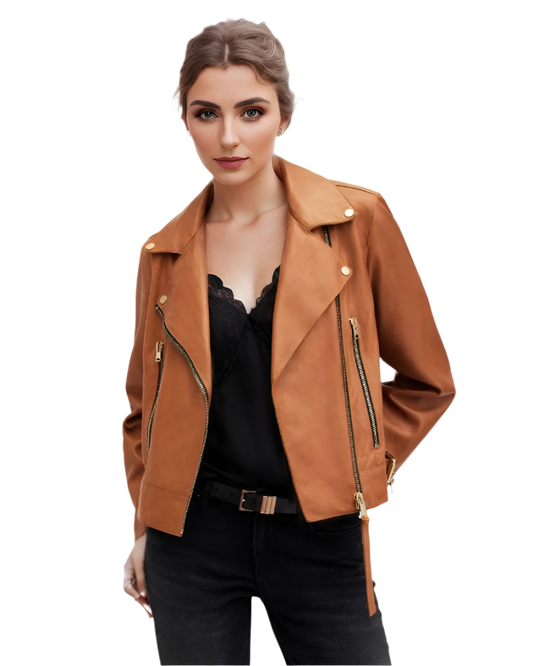 Brown Slim Fit Leather Biker Jacket