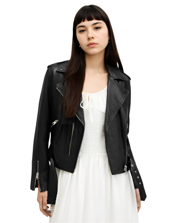 Black Belted Hem Leather Biker Jacket