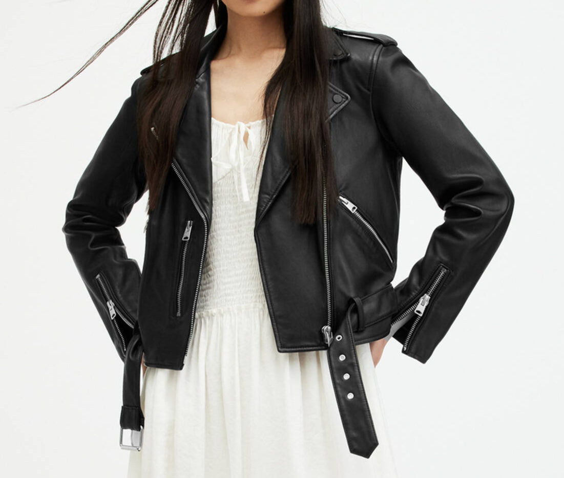 Black Belted Hem Leather Biker Jacket