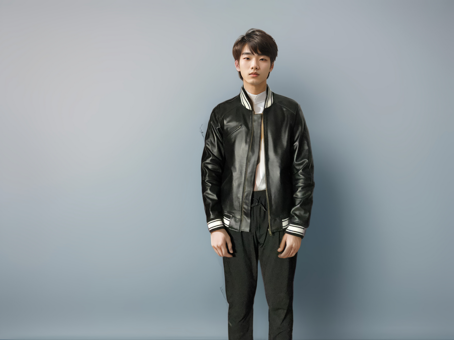 Charcoal-Leather Varsity Jacket