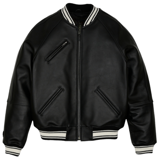 Charcoal-Leather Varsity Jacket