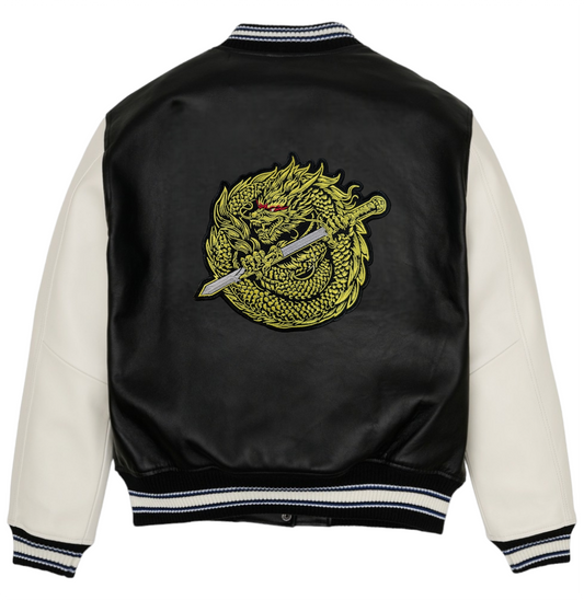 Dune-Leather Golden Dragon Varsity Jacket