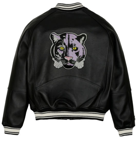 Charcoal-Leather Jaguar Varsity Jacket