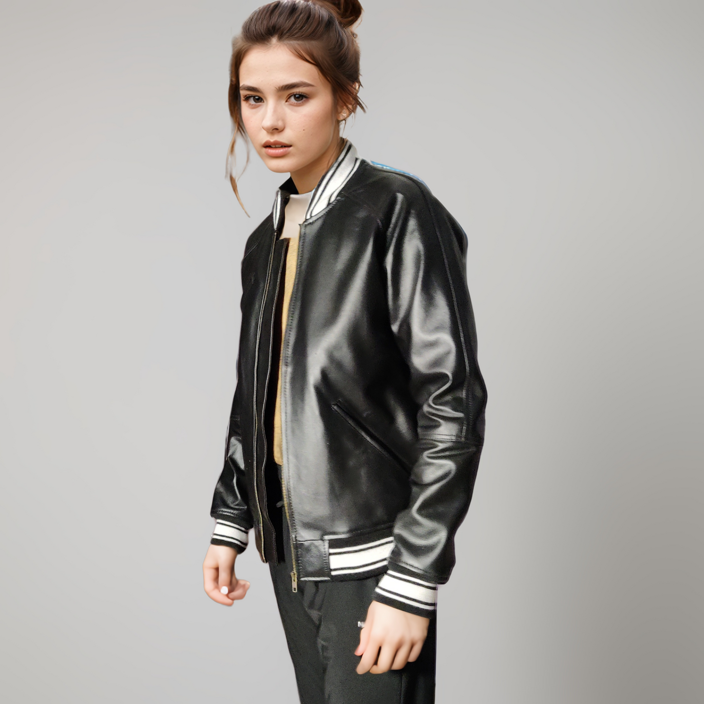 Charcoal-Leather Varsity Jacket